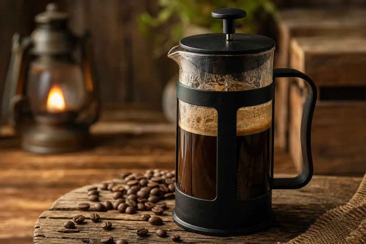 French press kávéfőzés faasztalon