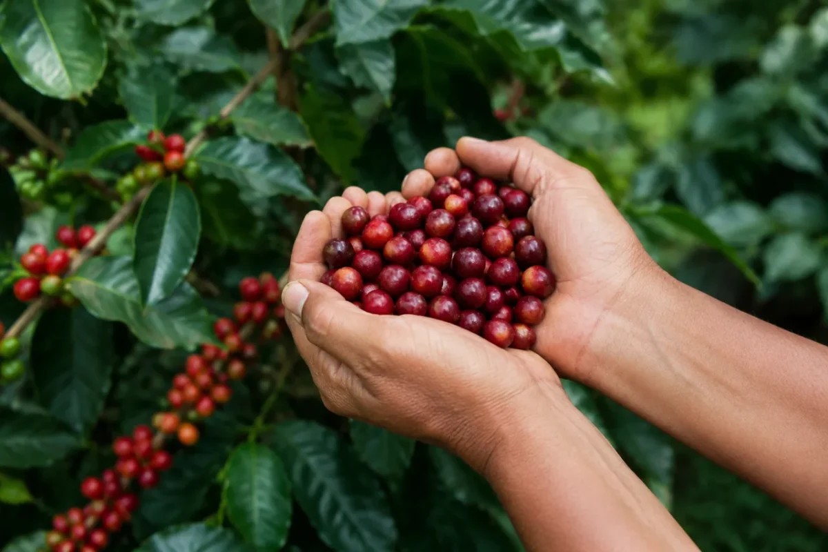 Frissen szedett kolumbiai kávécseresznye egy bio kávéfarmon