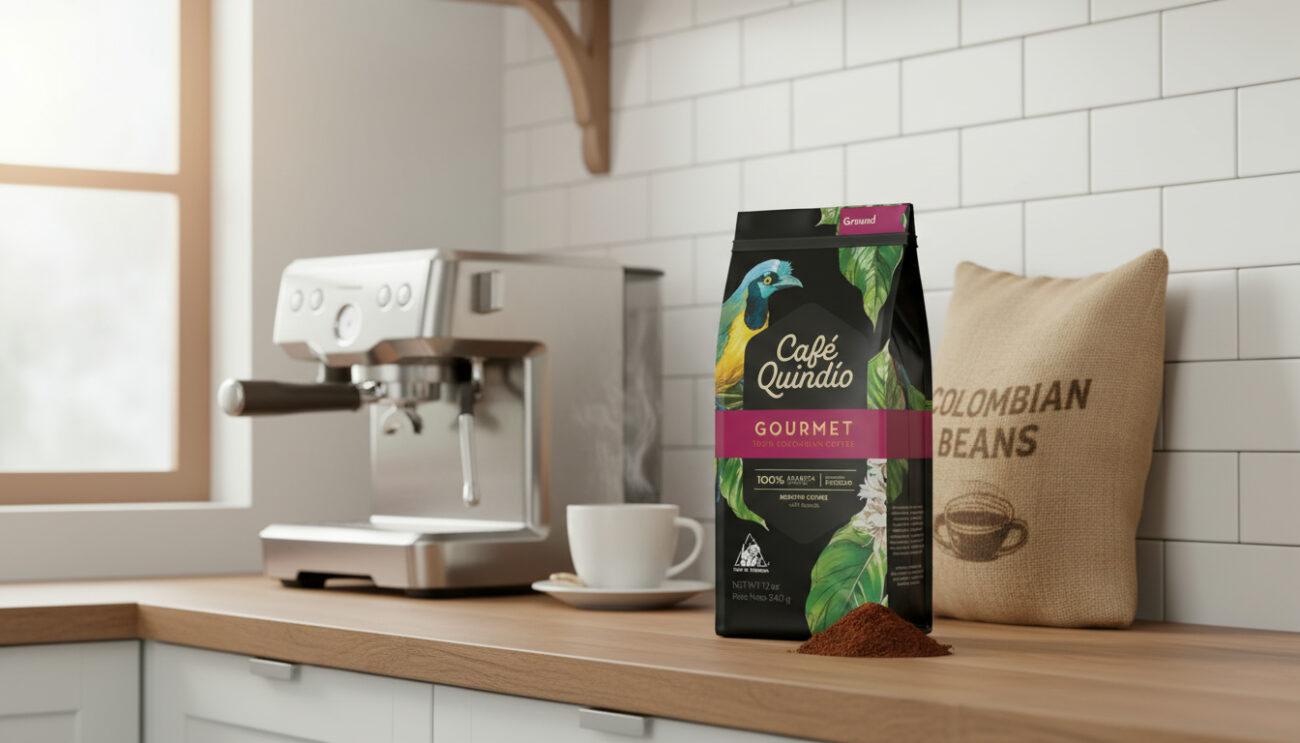 Kolumbiai specialty kávé és espresso gép egy konyhapulton