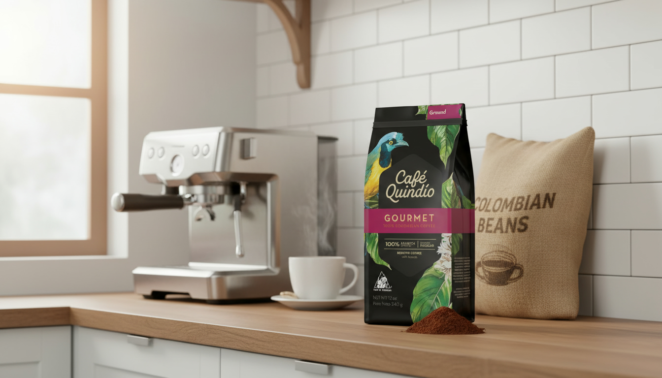 Kolumbiai specialty kávé és espresso gép egy konyhapulton