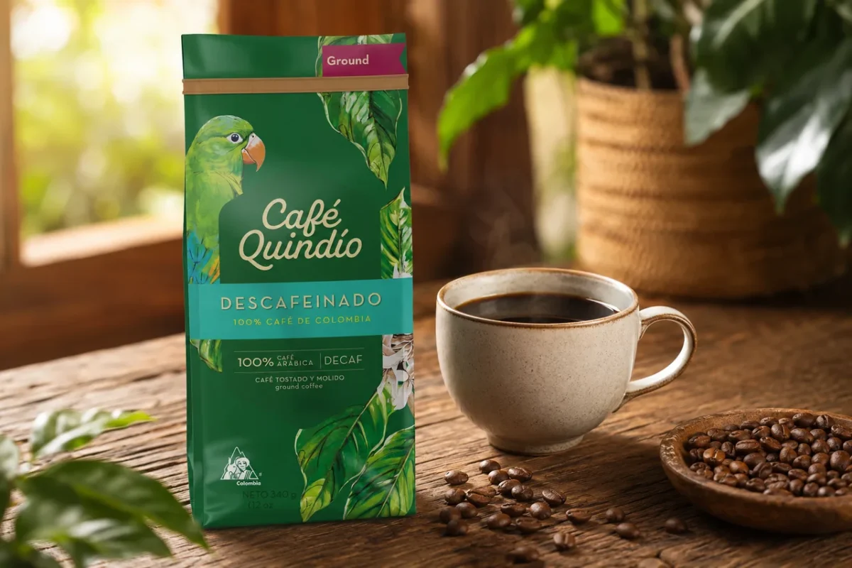 Koffeinmentes kolumbiai őrölt kávé – Café Quindío csomagolás
