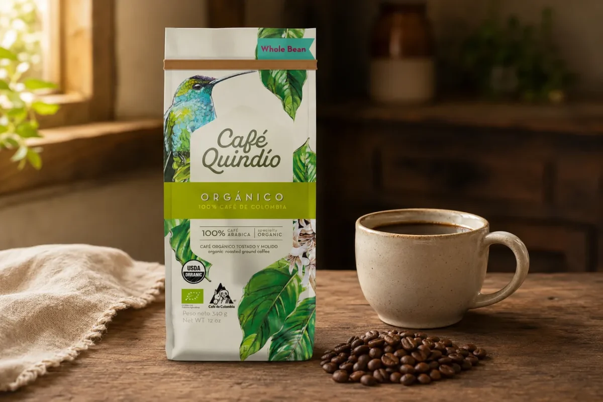 Organico bio szemes kávé – Café Quindío csomagolás