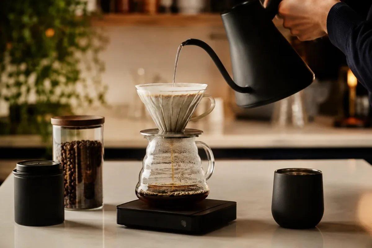 Specialty kávé készítése pour-over módszerrel, gooseneck kannával és V60-nal