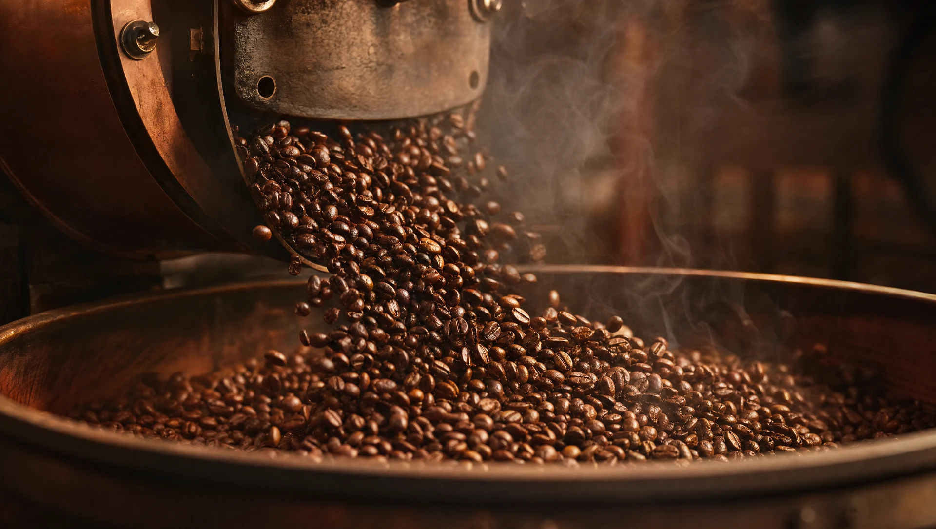 Frissen pörkölt, csokoládébarna arabica kávébabok a pörkölőből