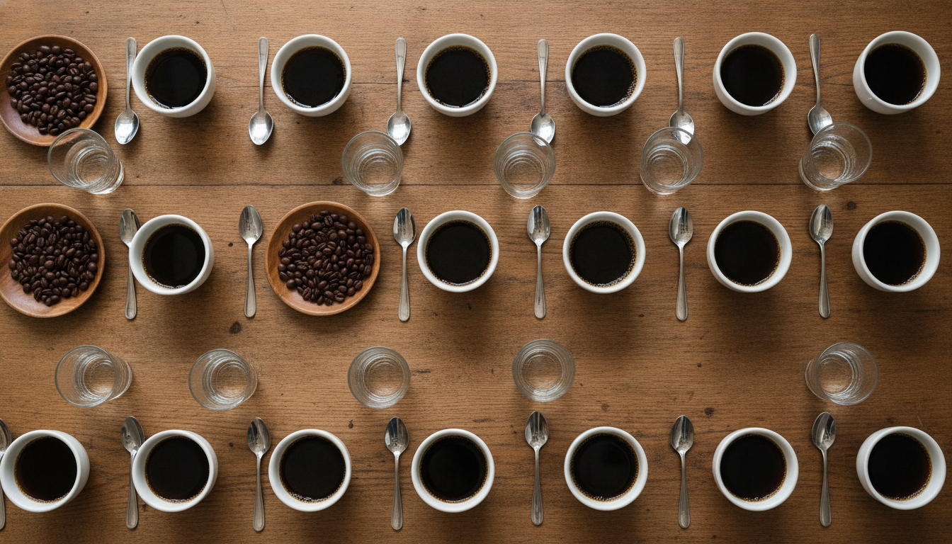 Cupping asztal felülnézetből: fehér csészék sora frissen forrázott kávéval