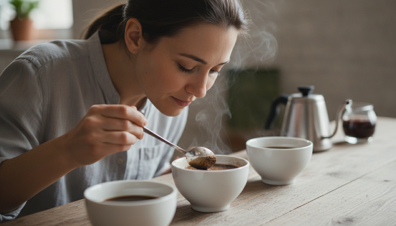 Kávébíráló a cupping csésze kérgét töri kanállal és a felszálló aromát szagolja