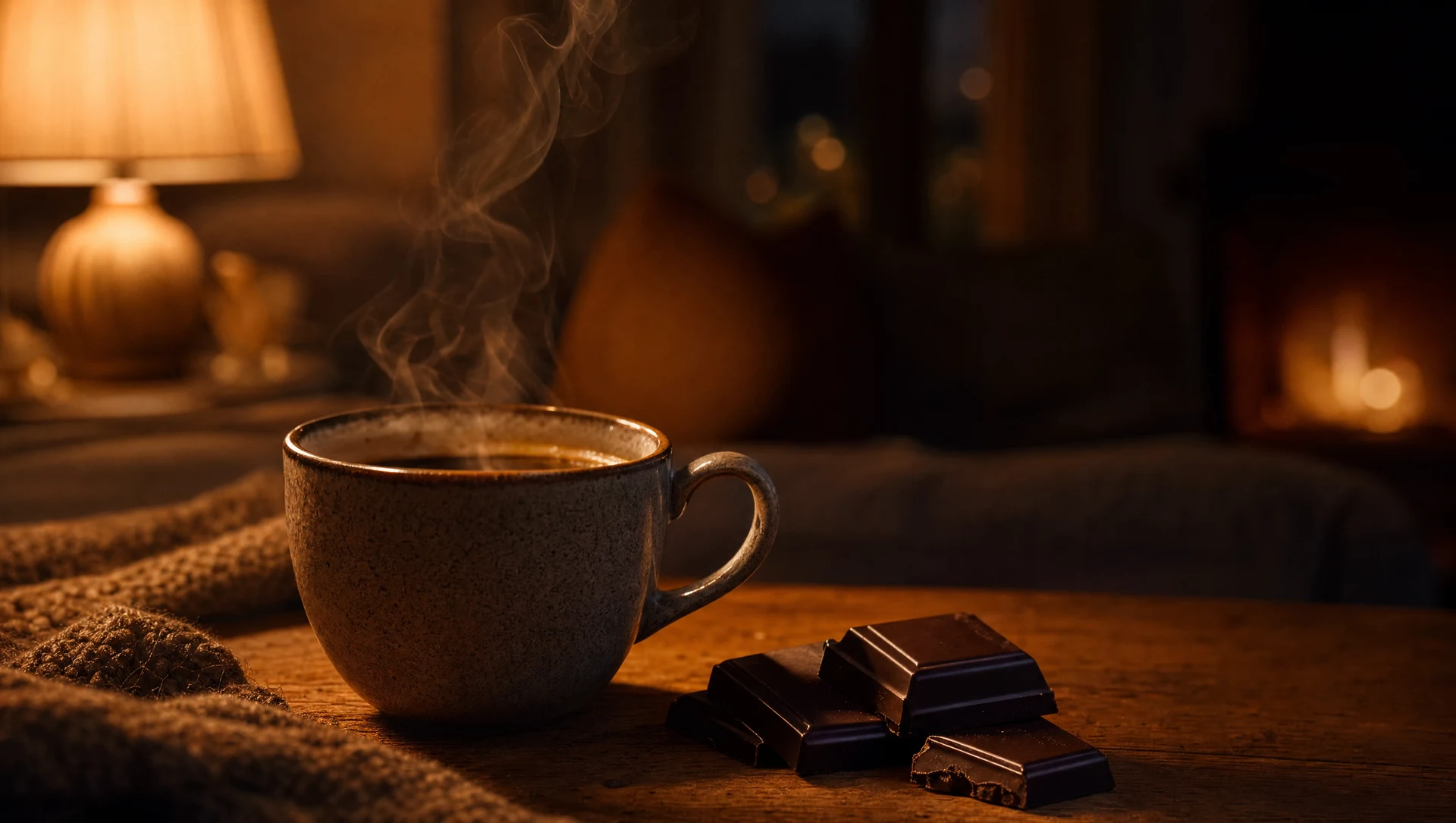 Esti csokoládés koffeinmentes kávé csészében meleg lámpafényben