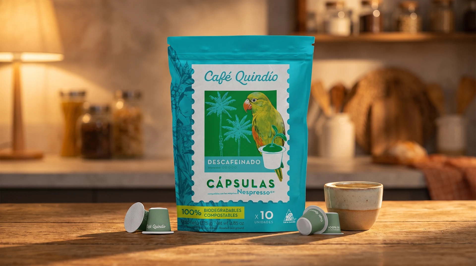 Café Quindío koffeinmentes lebomló kávékapszula csomagolás konyhapulton