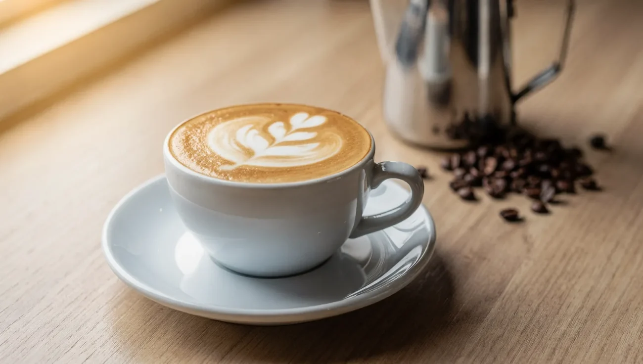 Flat white kávé fehér porceláncsészében, rosetta latte art mintával, tejkancsóval és kávészemekkel a háttérben