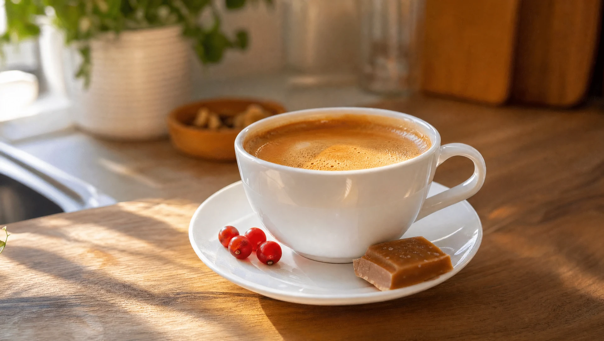 Karamelles single-origin espresso csészében piros bogyókkal