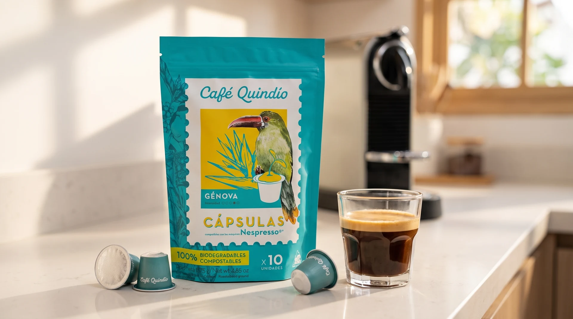 Café Quindío Génova lebomló kávékapszula csomagolás és teal kapszulák konyhapulton espressóval