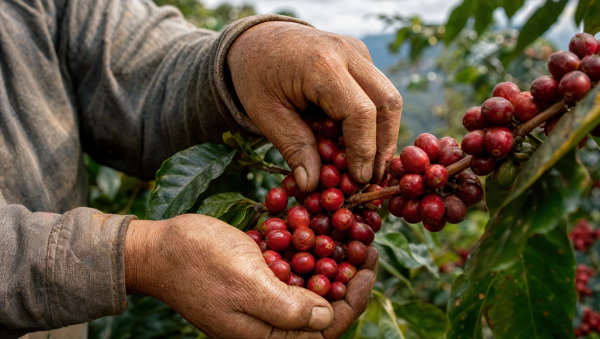 Érett arabica kávécseresznye kézi szüretelése Kolumbiában