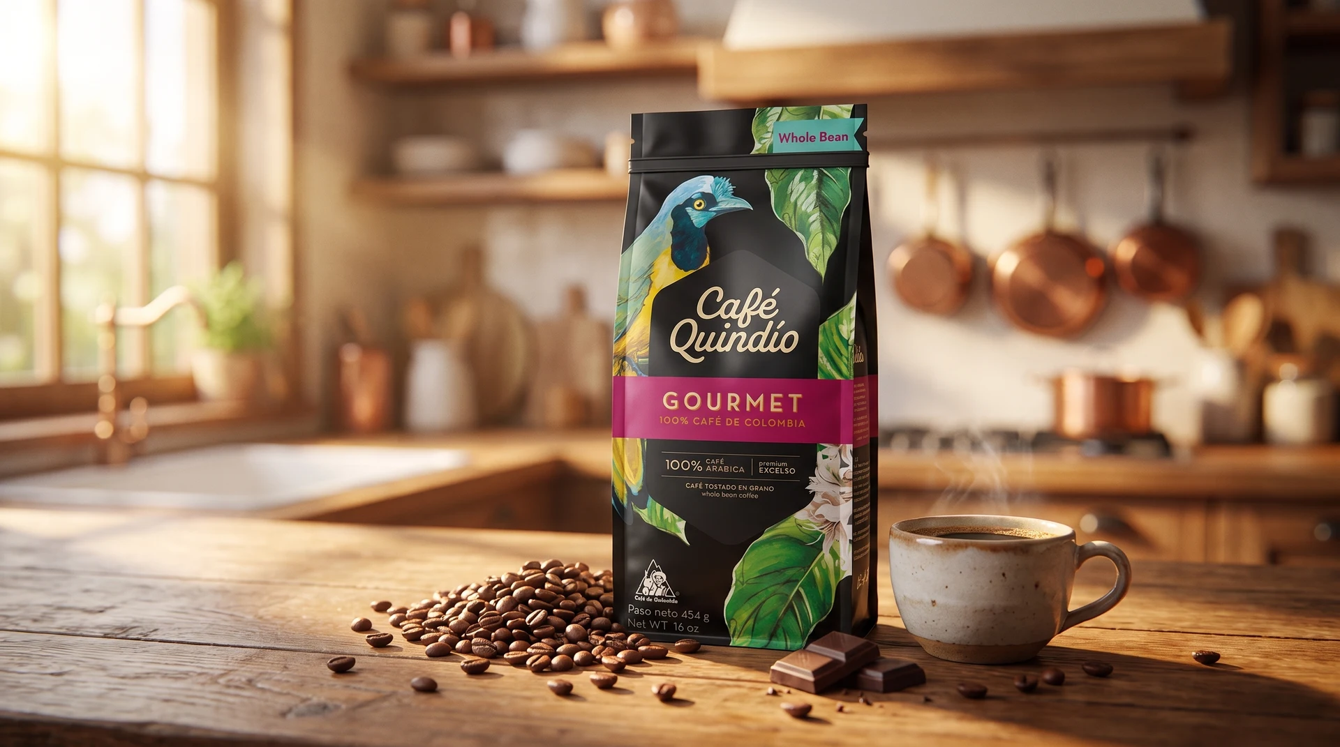 Café Quindío Gourmet kávé csomagolás konyhapulton kávébabokkal
