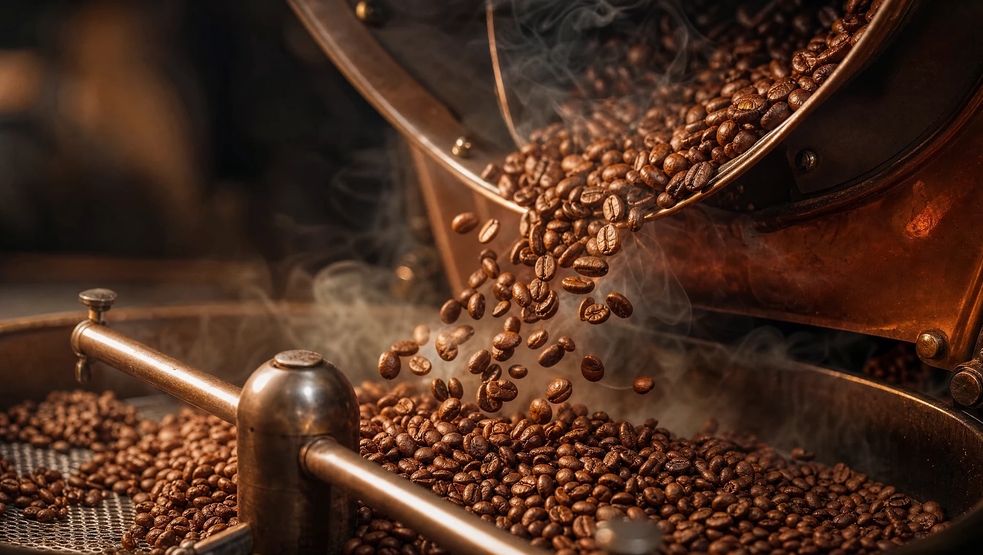Frissen pörkölt, sötétebb arabica kávébab a pörkölőből
