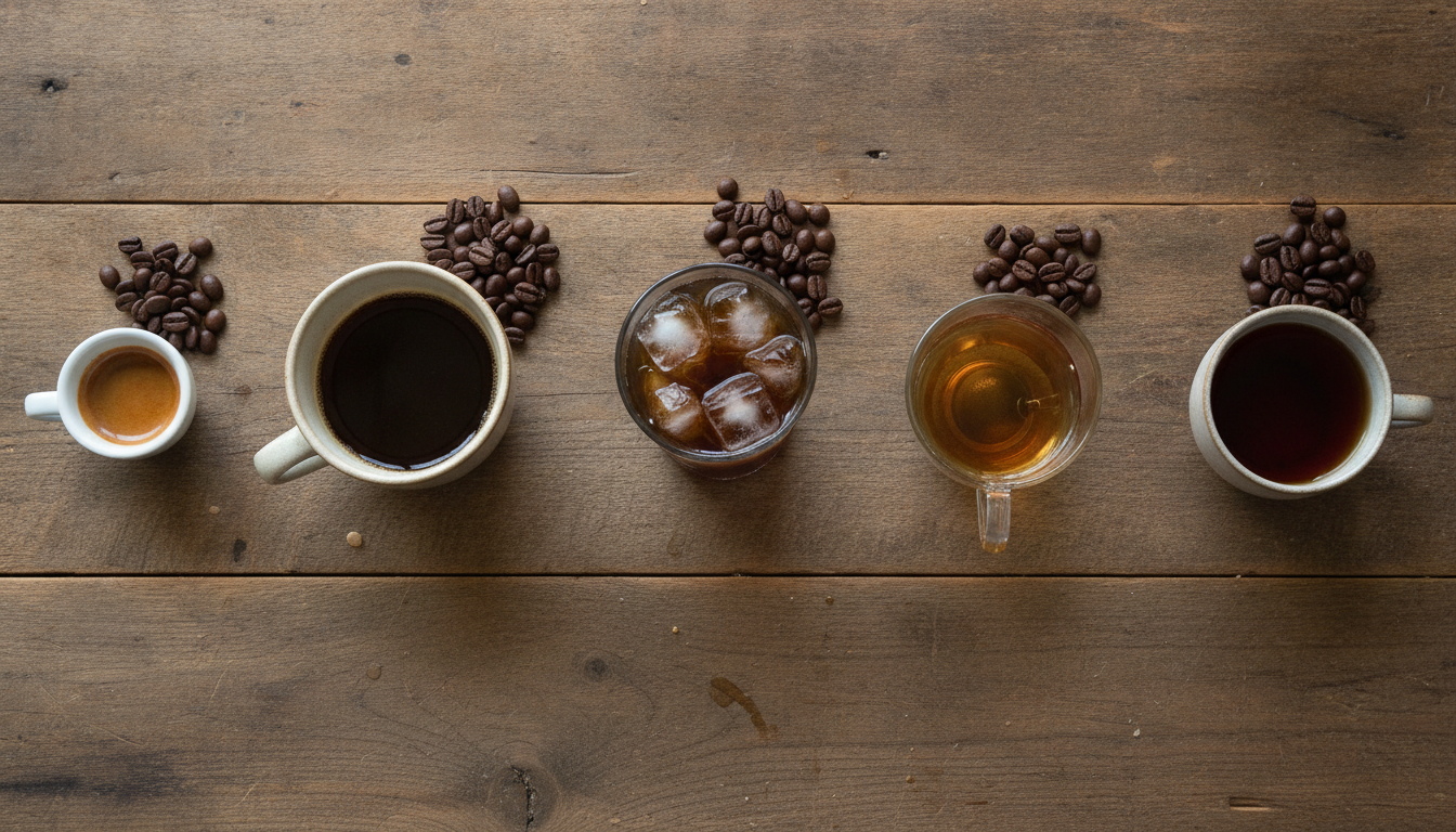 Különböző kávéitalok egymás mellett felülnézetből: eszpresszó, filteres kávé, cold brew, tea — eltérő koffeintartalommal