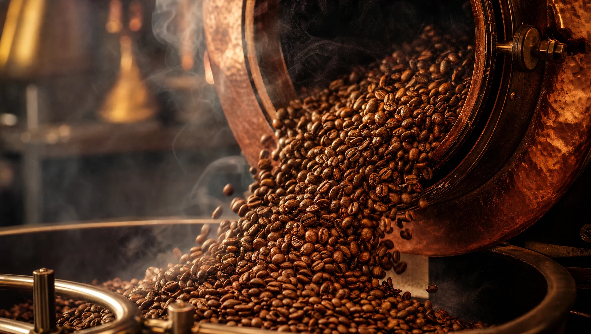 Frissen pörkölt arabica kávébabok a pörkölőből - közepes pörkölés