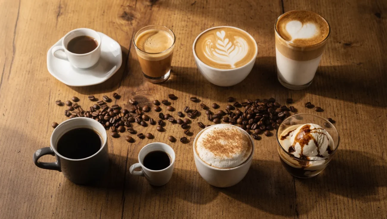 Nyolc különböző kávéfajta – eszpresszó, cortado, flat white, latte macchiato, americano, ristretto, cappuccino és affogato – fa asztalon