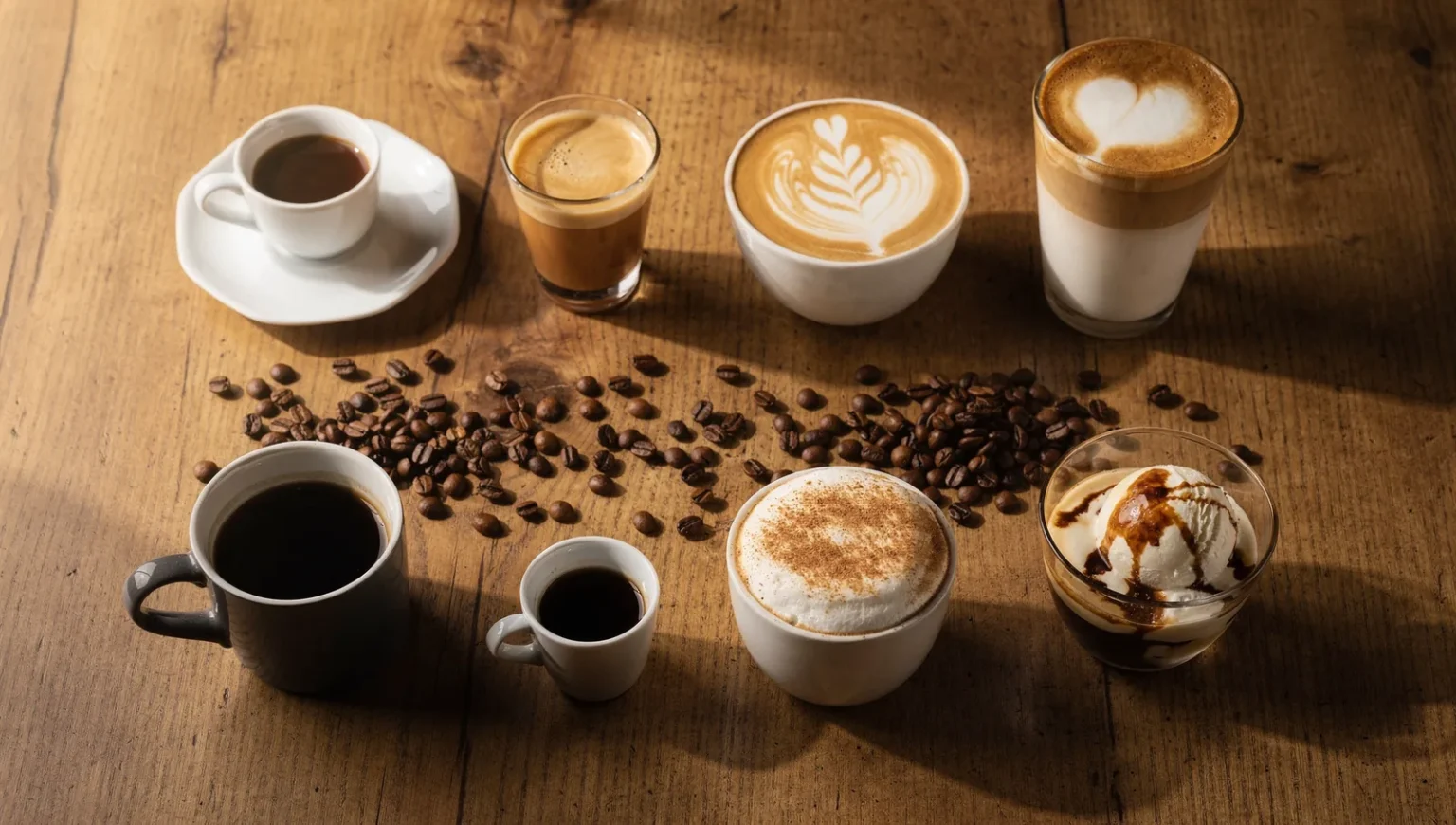 Nyolc különböző kávéfajta – eszpresszó, cortado, flat white, latte macchiato, americano, ristretto, cappuccino és affogato – fa asztalon