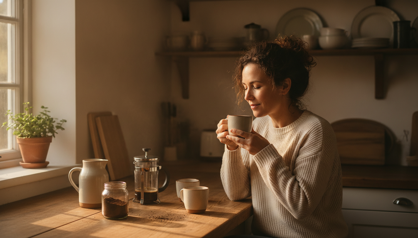 Koffeinmentes kávét élvező ember egy konyhában, kolumbiai specialty kávéval
