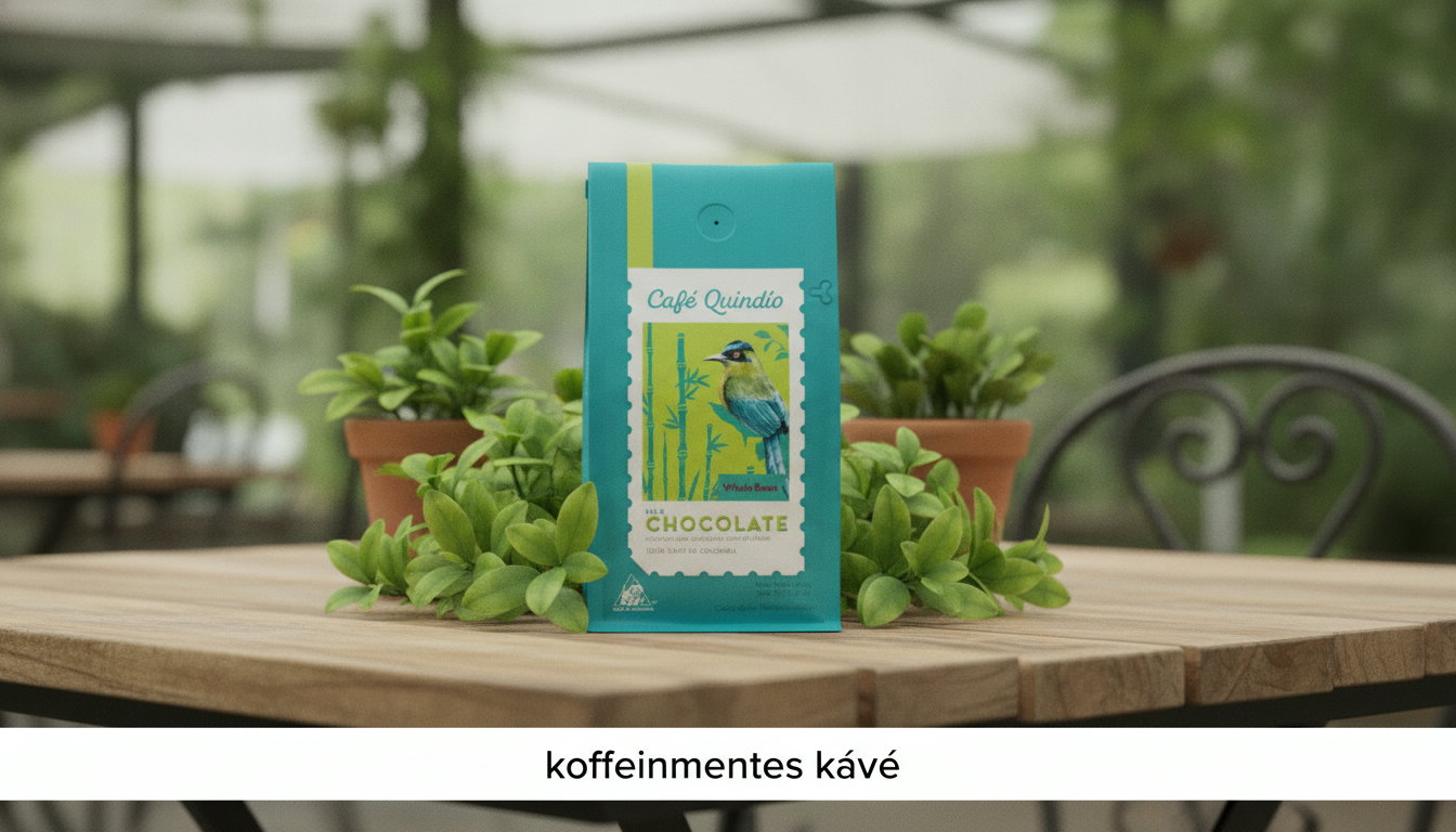 Kávé csomag zöld növények között egy kávézói asztalon