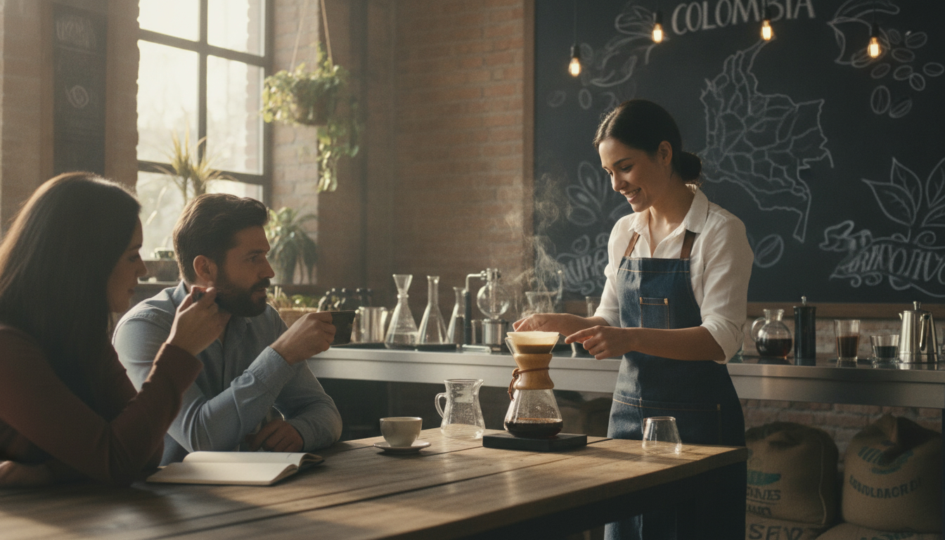 Barista koffeinmentes kávé készítését mutatja be egy kávézóban