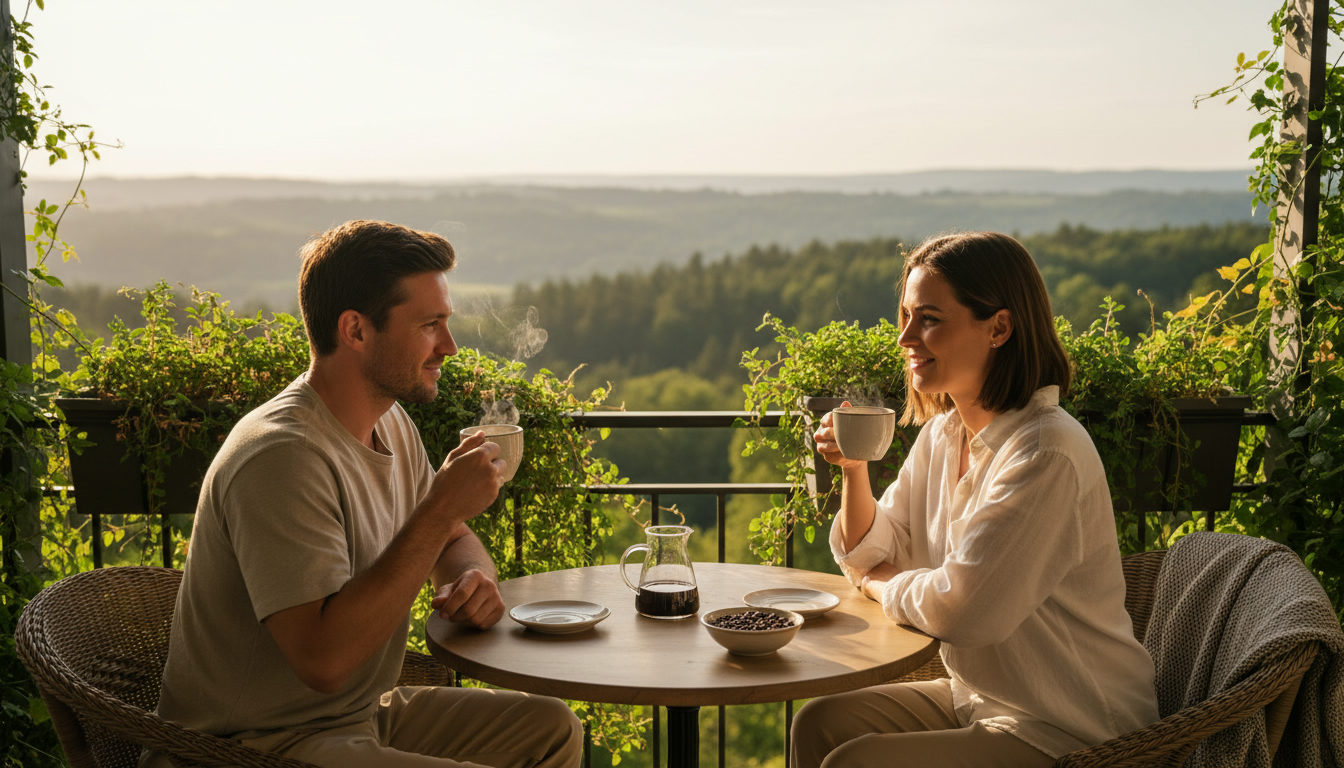 Pár élvezi a koffeinmentes kávét egy napos erkélyen