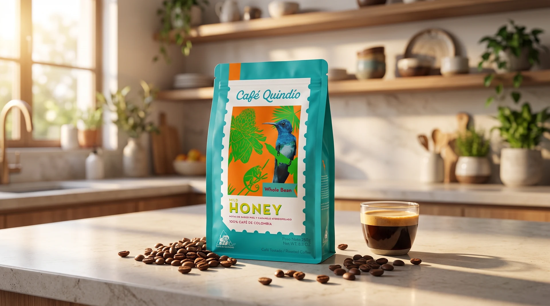 Lágy Méz specialty kávé csomagolás modern konyhapulton kávébabokkal és espressóval