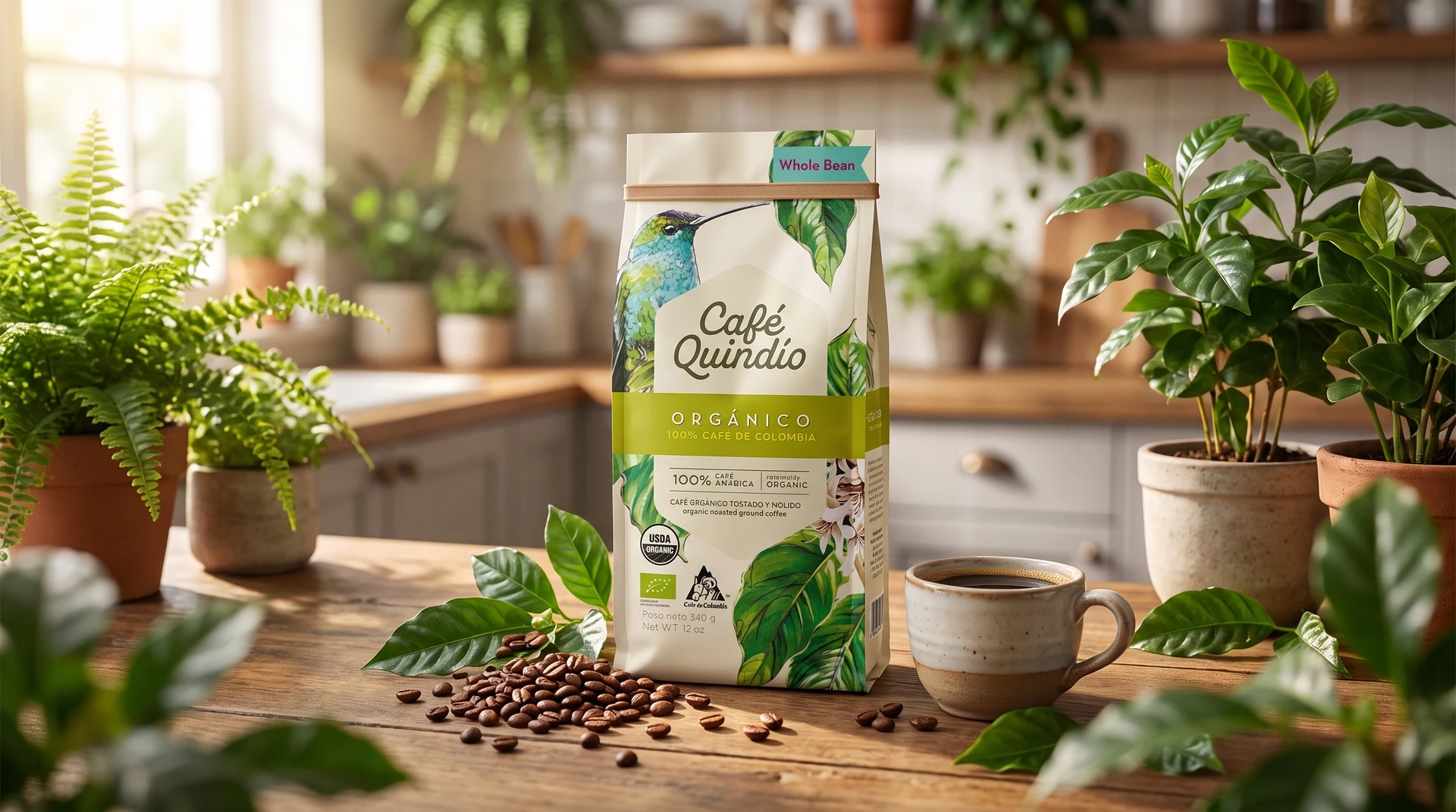 Café Quindío Orgánico bio kávé csomagolás növények között