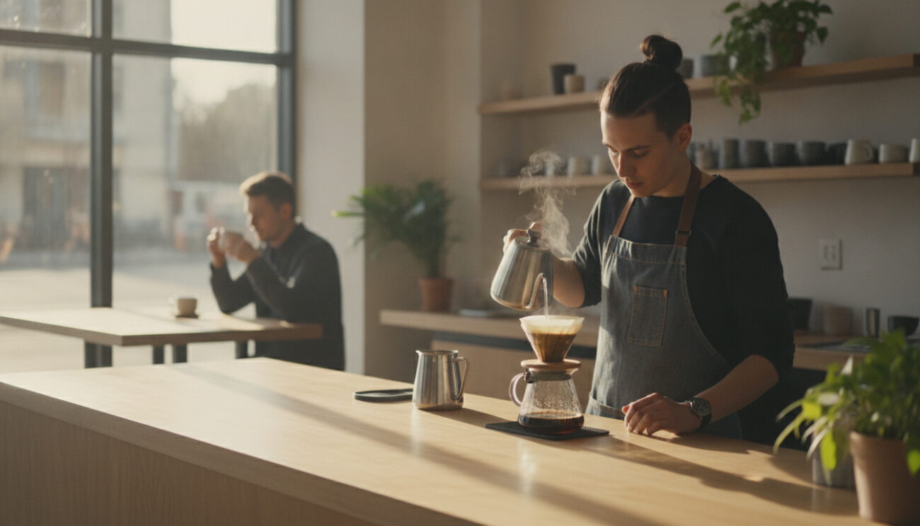 Barista pour-over kávét készít egy világos specialty kávézóban