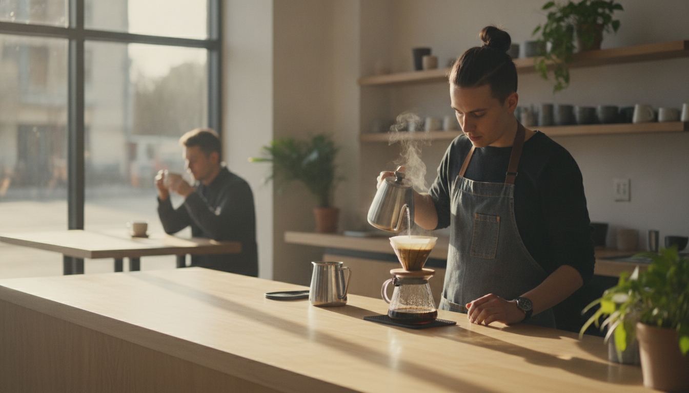 Barista pour-over kávét készít egy világos specialty kávézóban