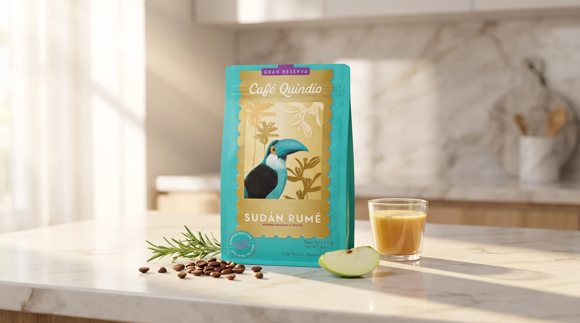 Sudan Rume Gran Reserva specialty kávé csomagolás konyhapulton
