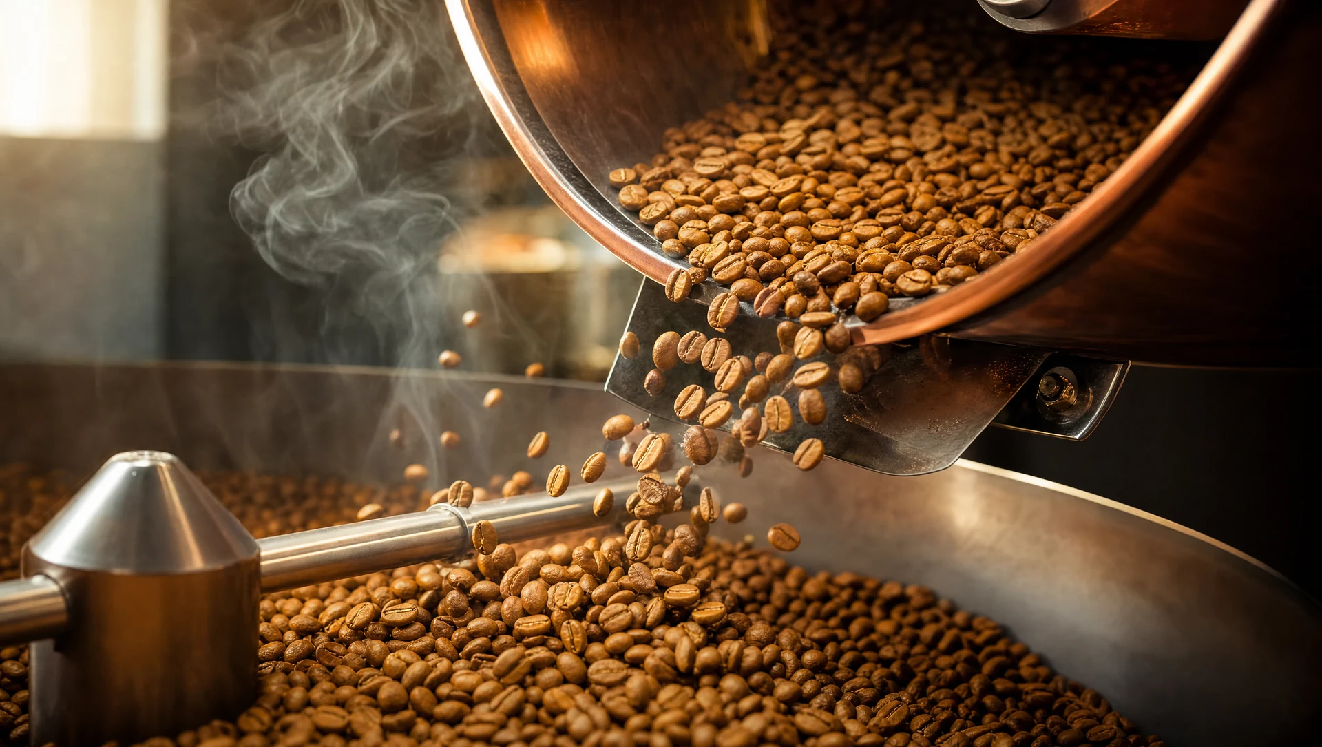 Világosra pörkölt aranyszínű arabica kávébabok a pörkölőből