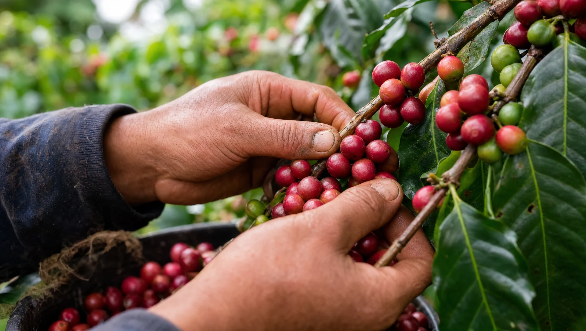 Érett arabica kávécseresznye kézi szüretelése Kolumbiában