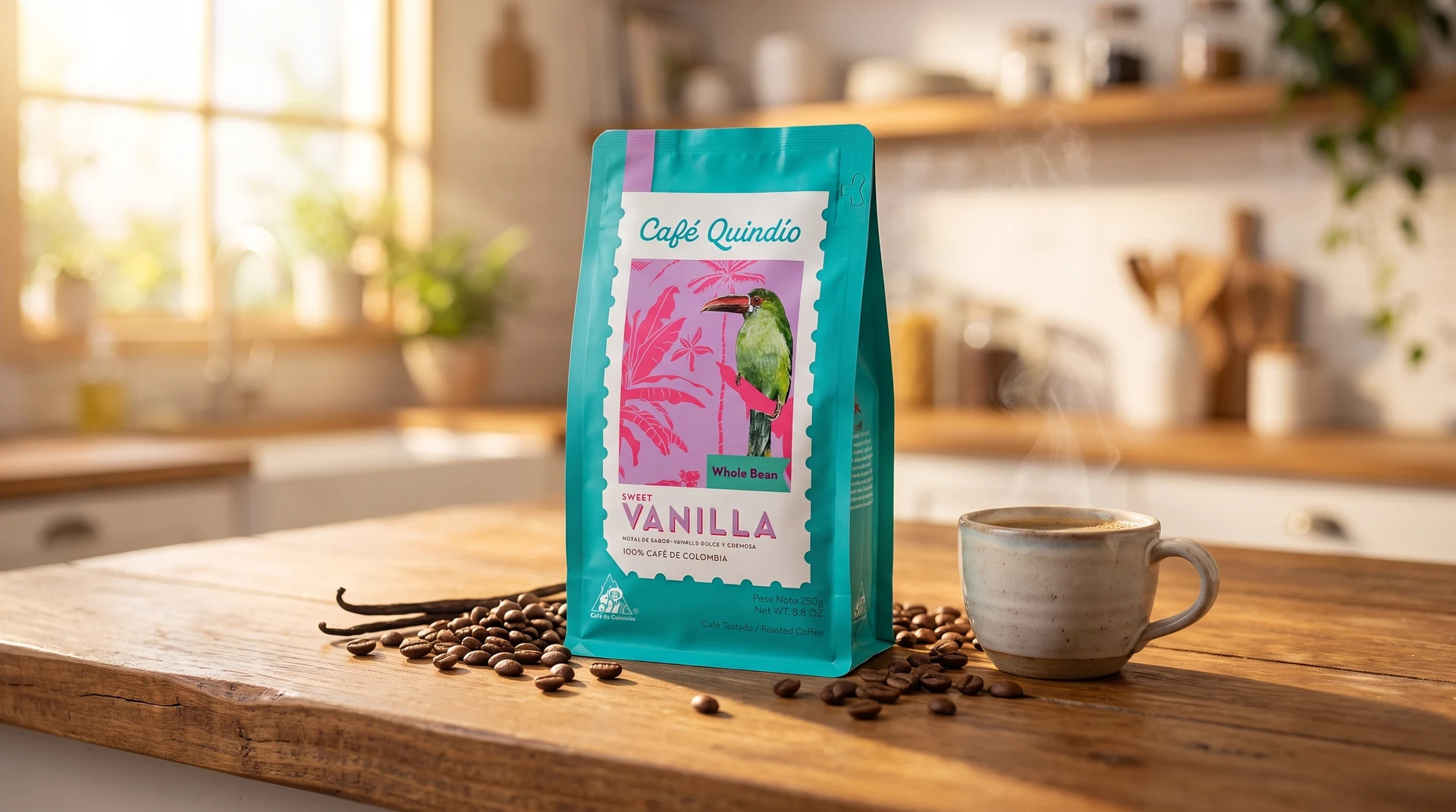Sweet Vanilla specialty kávé csomagolás konyhapulton kávébabokkal