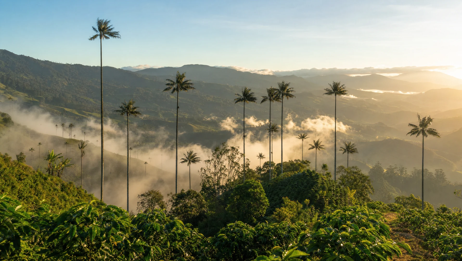 Kávéültetvény Salentóban, Quindío – az Édes Vanília kávé termővidéke a viaszpálmákkal