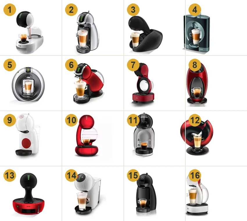 Dolce Gusto kompatibilitási ábra sorszámozva: 16 géptípus, amellyel az újratölthető kapszula működik